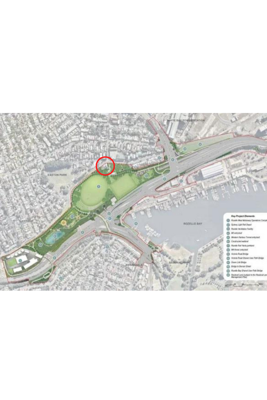 Aerial image of future Rozelle Parklands with location of buildings marked.