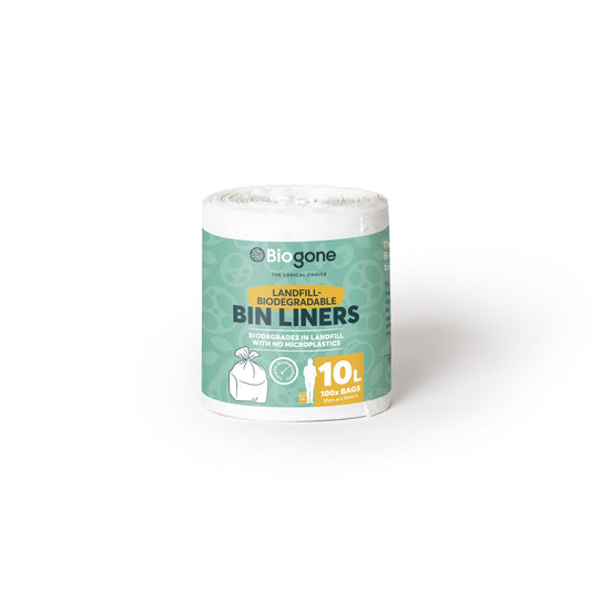 Photograph of 1 roll of white Biogone landfill-biodegradable bin liners. 10L capacity, each bag is 37cm wide and 51cm high.